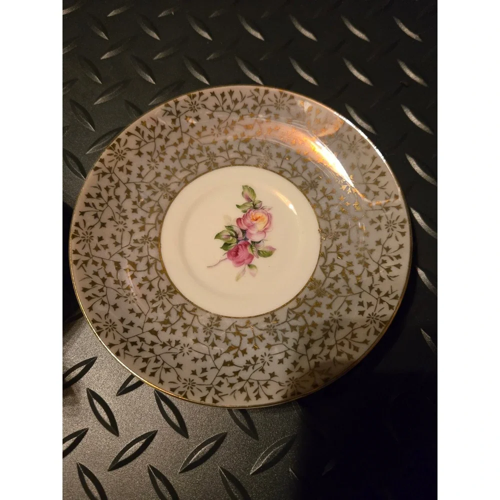 Vintage‎ Fine China Japan Lusterware Teacup Saucer Set Iridescent Rose Gold Gilt